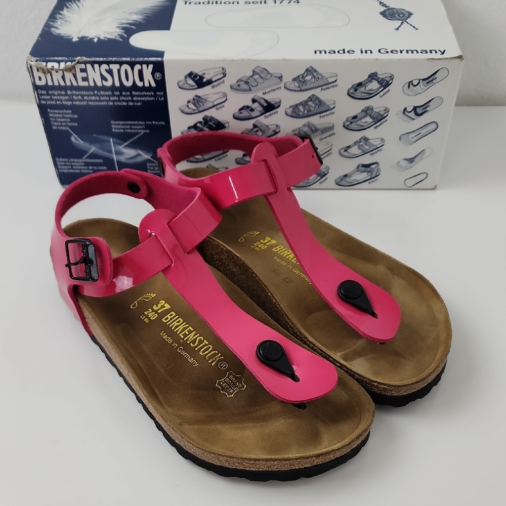 Birkenstock Cairo Birko-Flor Patent T-Strap Sandals Lack Pink Size 37